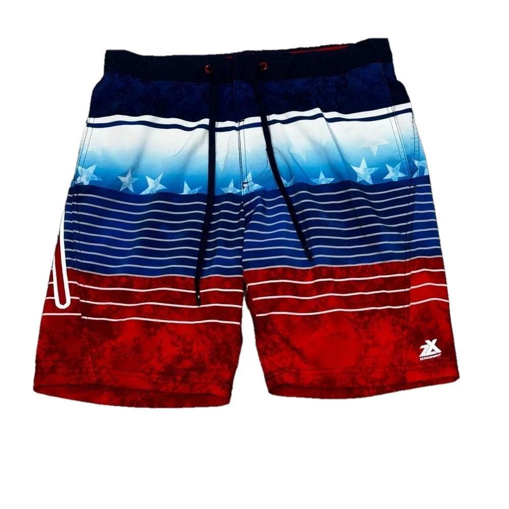🌷 Zero Exposure Red White Blue Stars & Stripe Swim Trunks NWOT